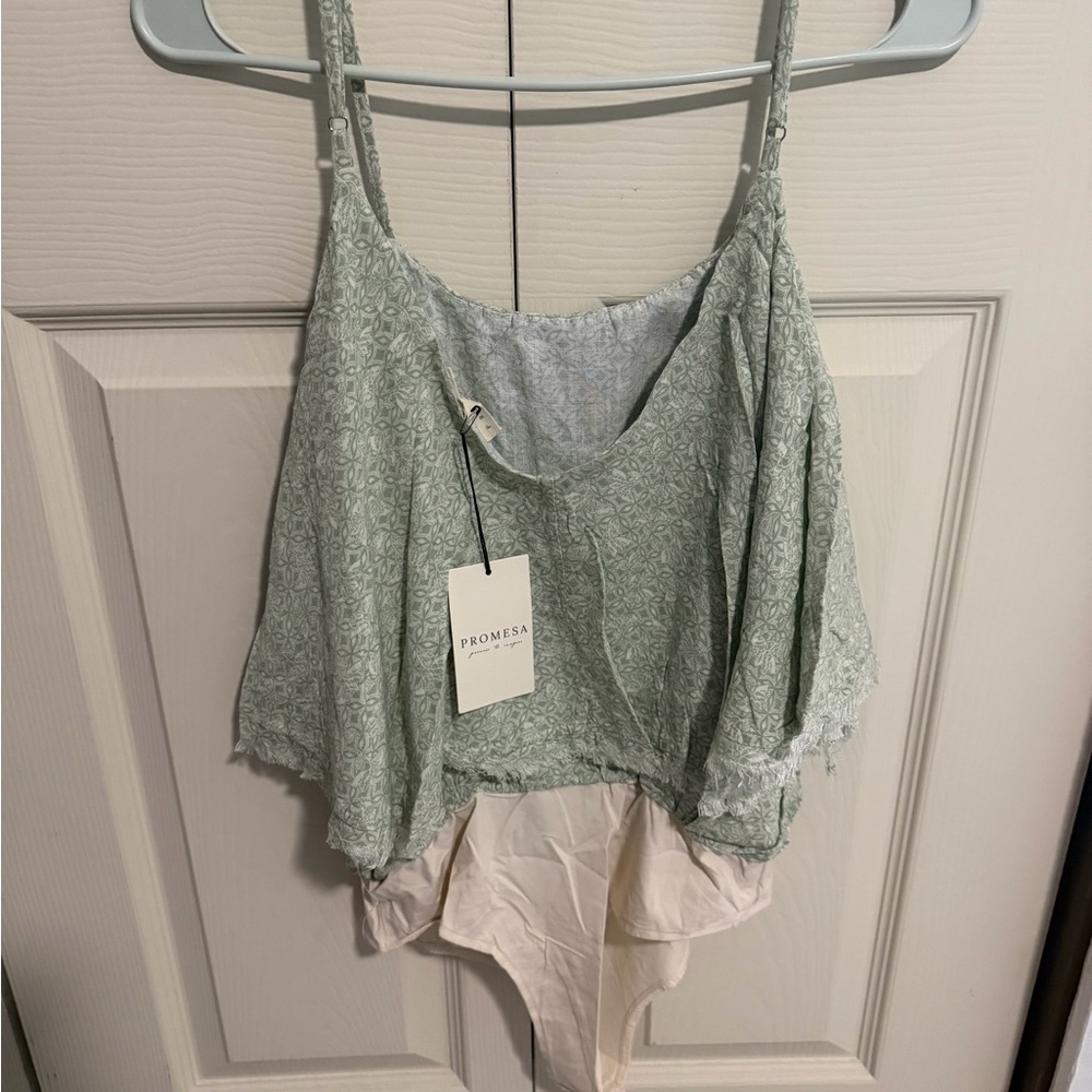 Promesa Sage Green Printed Layered Bodysuit Cami